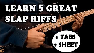 SLAP BASS  5 Easy Riffs Beginner amp Intermediate BASS LESSON with Tabs  Sheet [upl. by Asor]