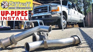 2001 F350 73  RiffRaff UpPipes Install  Stock up pipes leaking and falling apart JUNK SP [upl. by Jordain922]